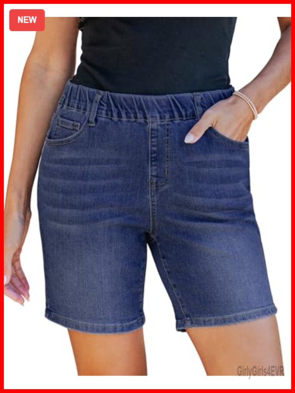 Mid Rise Pull On Elastic Waist Denim Shorts Women 7 Inch Inseam Stretchy Jorts